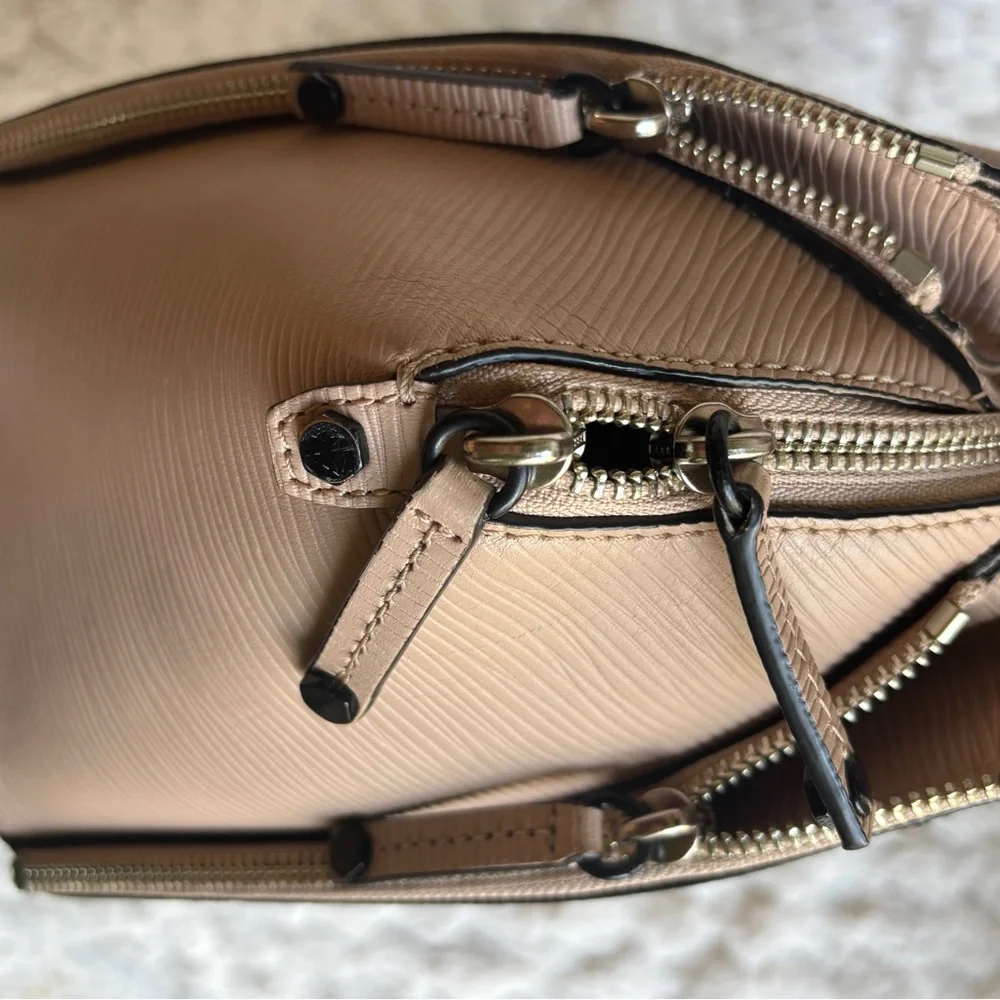 Rebecca Minkoff Beige Saffiano Leather Zip Tote Bag Wide Opening